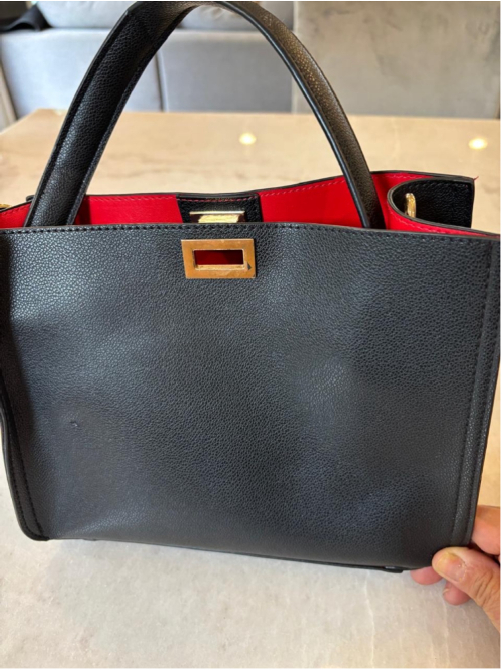 Black Structured Satchel Tote Bag Red Interior Gold Turn Lock Handbag #S119